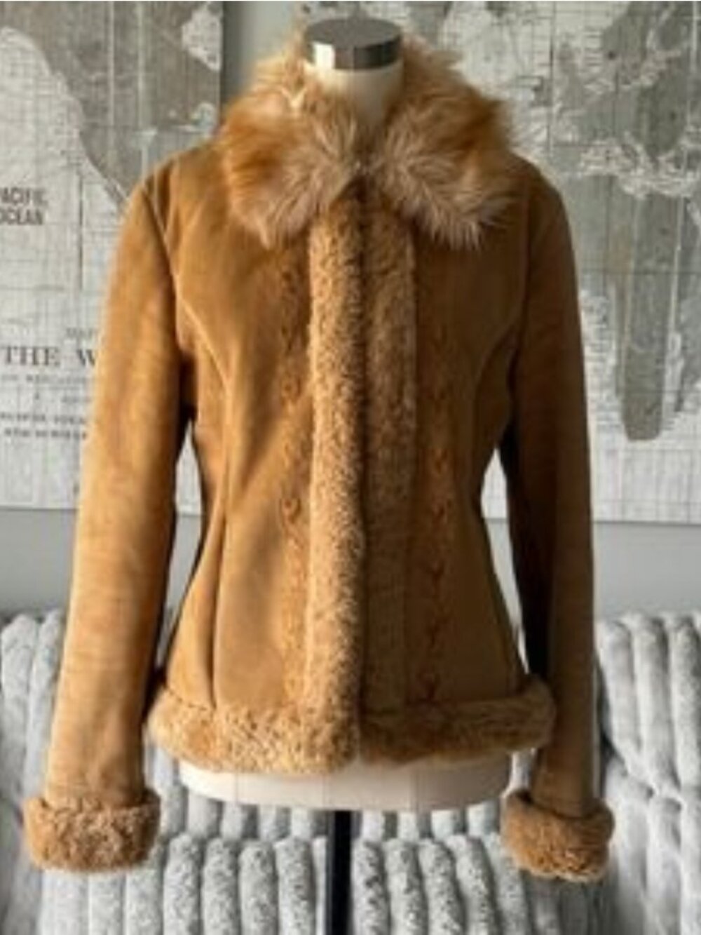 VTG Guess Penny Lane Suede Faux Fur Embroidered Afghan Coat Brown M